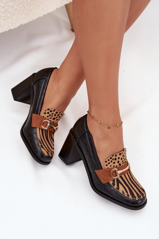 Moteriški aukštakulniai batai su įspaudu ir aukso spalvos detalėmis, juodos ir smėlio spalvos, Novella