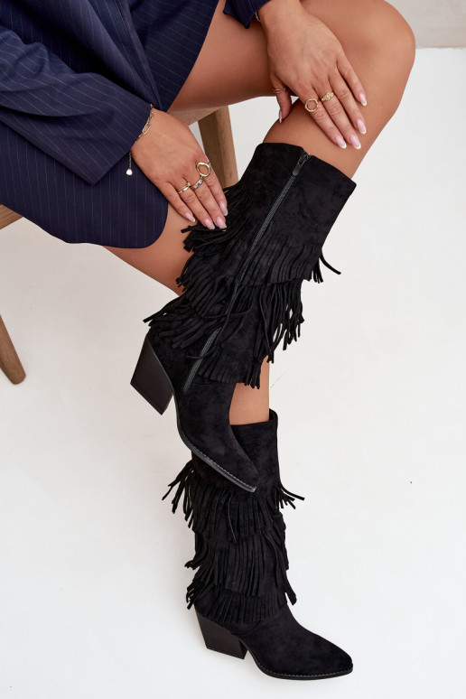 Pašiltinti kaubojiško stiliaus ilgaauliai batai su kutais, juodos spalvos, Brivina