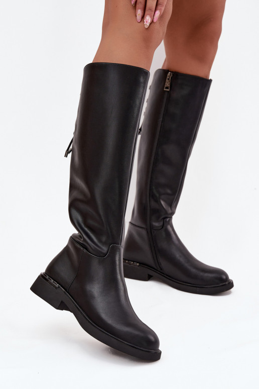 pašiltinti moteriški ilgaauliai batai Z Naturalnej Skóry su plačiais kulniukais Vinceza 66822 Juodos spalvos