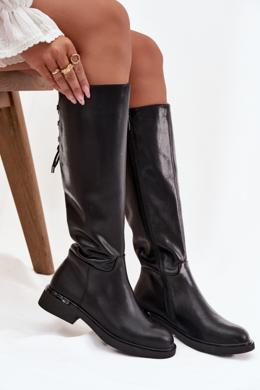 pašiltinti moteriški ilgaauliai batai Z Naturalnej Skóry su plačiais kulniukais Vinceza 66822 Juodos spalvos