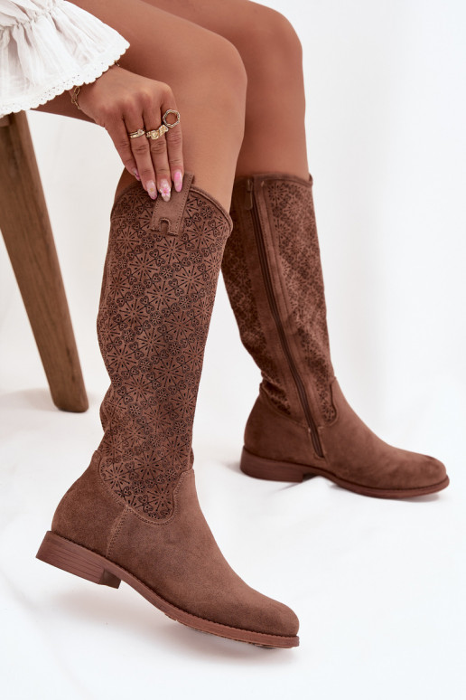 moteriški ilgaauliai batai su aužūro elementais su plačiais kulniukais S.Barski HY52-534 rudos spalvos