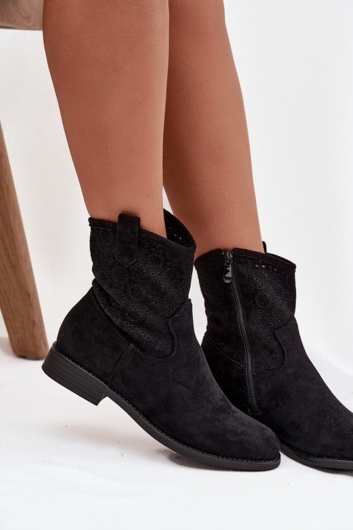 Moteriški aulinukai su plačiais kulniukais su ažūro elementais S.Barski HY52-530 Juodos spalvos