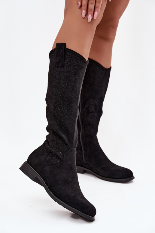 moteriški ilgaauliai batai su aužūro elementais su plačiais kulniukais S.Barski HY52-534 Juodos spalvos