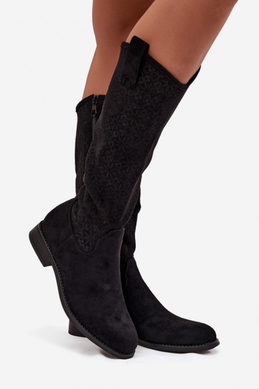 moteriški ilgaauliai batai su aužūro elementais su plačiais kulniukais S.Barski HY52-534 Juodos spalvos