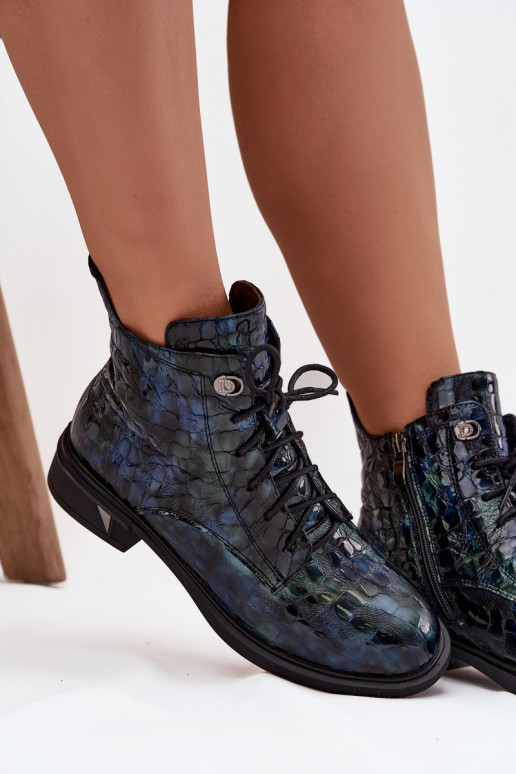 su lako efektu Moteriški aulinukai Z Naturalnej Skóry D&A LZ52-962 tamsiai mėlynos spalvos