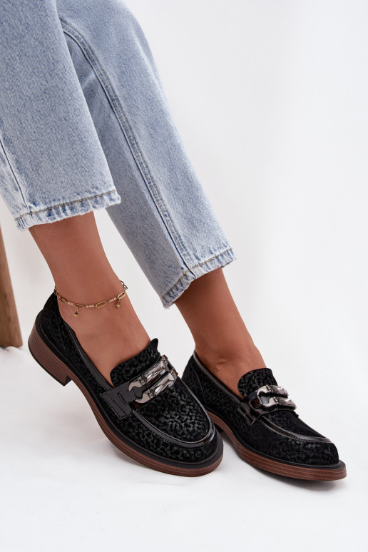 Zomšiniai mokasinai  su ornamentais D&A MR52-176 Juodos spalvos