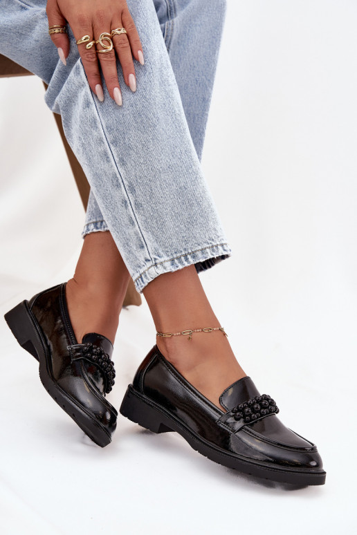 moteriški mokasinai su lako efektu su karoliukais S.Barski HY52-541 Juodos spalvos