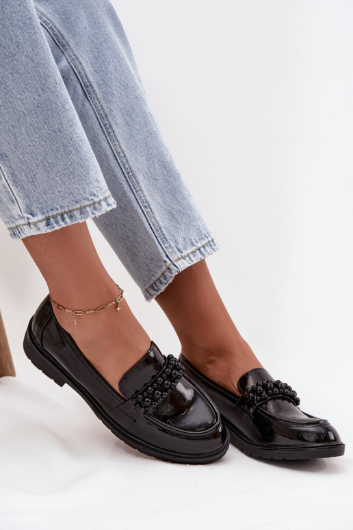 moteriški mokasinai su lako efektu su karoliukais S.Barski HY52-541 Juodos spalvos