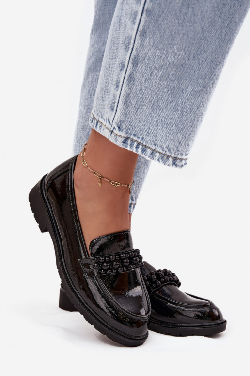 moteriški mokasinai su lako efektu su karoliukais S.Barski HY52-541 Juodos spalvos