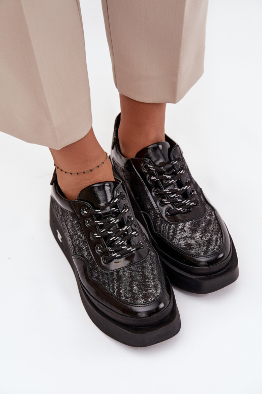 Odiniai moteriški suvarstomi batai su platforma Artiker 57C2043, juodos ir sidabro spalvos