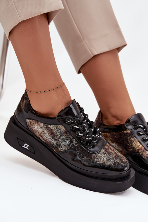 Odiniai moteriški suvarstomi batai su platforma Artiker 57C2042, juodos ir aukso spalvos