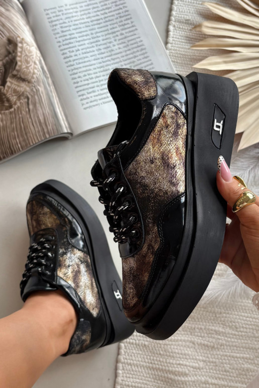 Odiniai moteriški suvarstomi batai su platforma Artiker 57C2042, juodos ir aukso spalvos