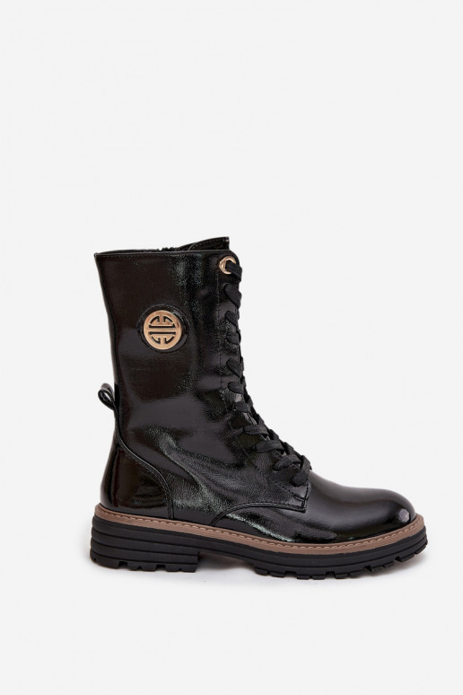 lakuoti darbiniai moteriški kulkšnies batai su aukso spalvos detalėmis pašiltinti juodos spalvos Dorialine