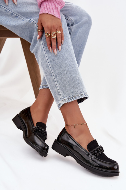 moteriški mokasinai su lako efektu su karoliukais S.Barski HY52-541 Juodos spalvos