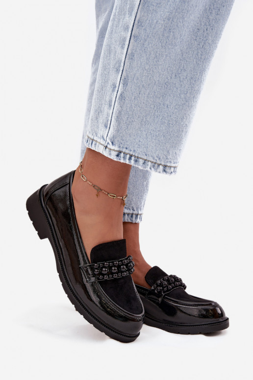 moteriški mokasinai su lako efektu su karoliukais S.Barski HY52-541 Juodos spalvos