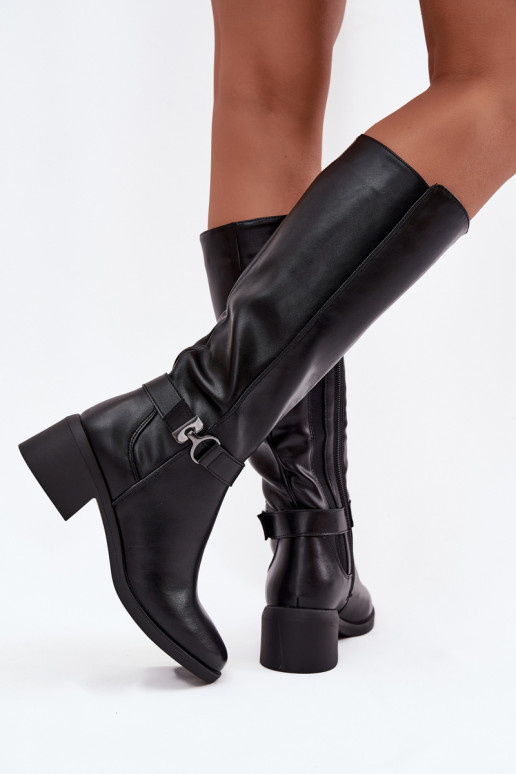 pašiltinti moteriški ilgaauliai batai  su dirželiais Sergio Leone KZ25826 Juodos spalvos pašiltinti moteriški ilgaauliai batai  su dirželiais Sergio Leone KZ25826 Juodos spalvos