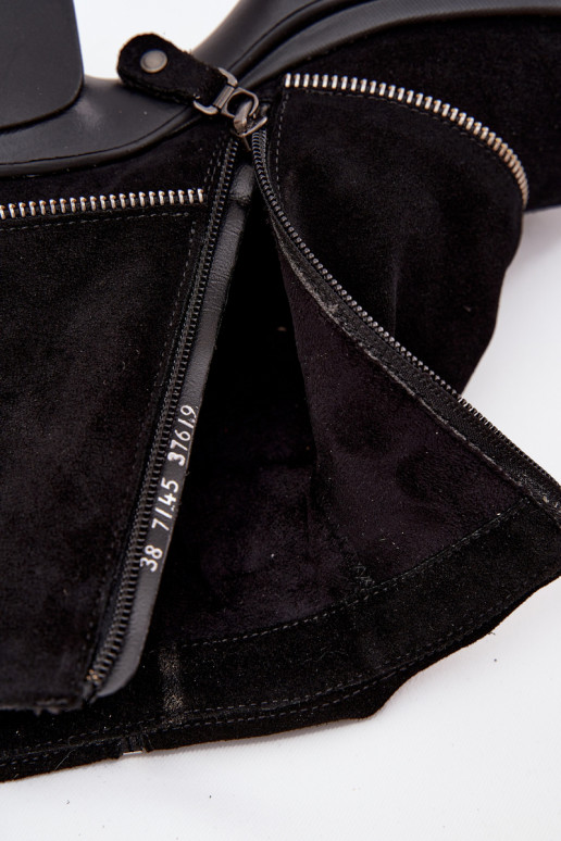 Odiniai moteriški aulinukai su išsiuvinėta cholewa Tai turiciejka 07145-01 juodos spalvos