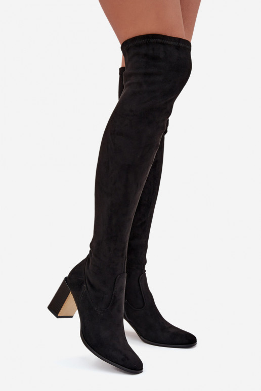 moteriški ilgaauliai batai virš kelių su kulniukais iš eko zomšosowe Juodos spalvos Jelina