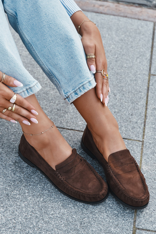 Moteriški mokasinai su plačiais kulniukais iš eko zomšos rudos spalvos "Rivianne"