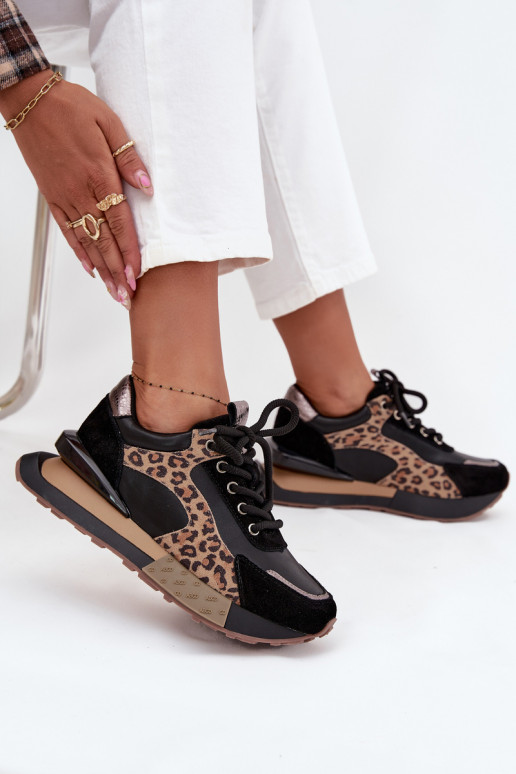 Odiniai moteriški sportinio stiliaus batai su platforma ir leopardo kailio raštais Artiker 55C0134 juodos spalvos