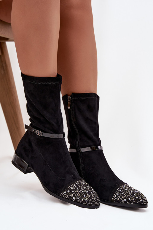 Moteriški aulinukai ant žemo kulno su dekoracija ir juostelėmis D&A MR52-165 juodos spalvos