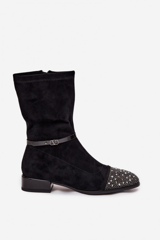 Moteriški aulinukai ant žemo kulno su dekoracija ir juostelėmis D&A MR52-165 juodos spalvos