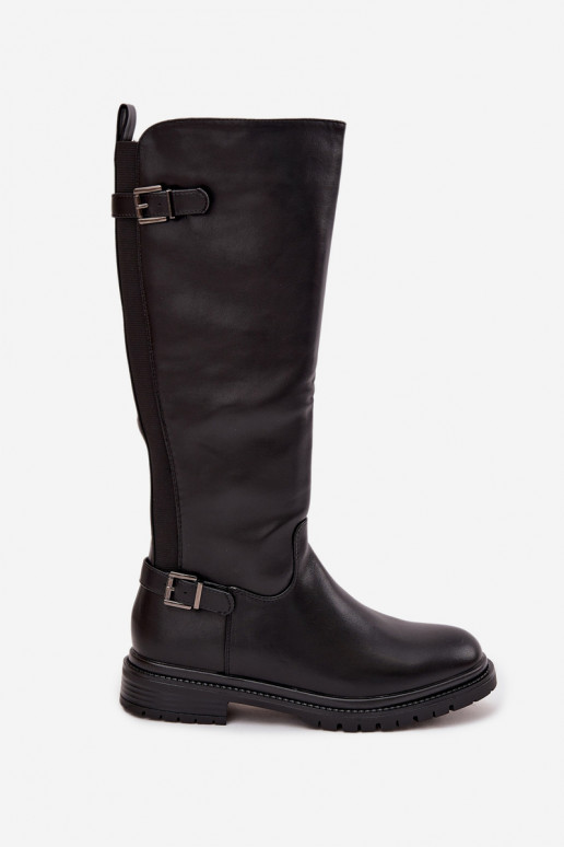 pašiltinti moteriški ilgaauliai batai su plačiais kulniukais su sagtimis Juodos spalvos Sorelle