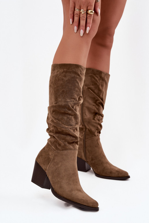 moteriški ilgaauliai batai su rauktu auliuku su kulniukais pašiltinti žalios spalvos Paelina