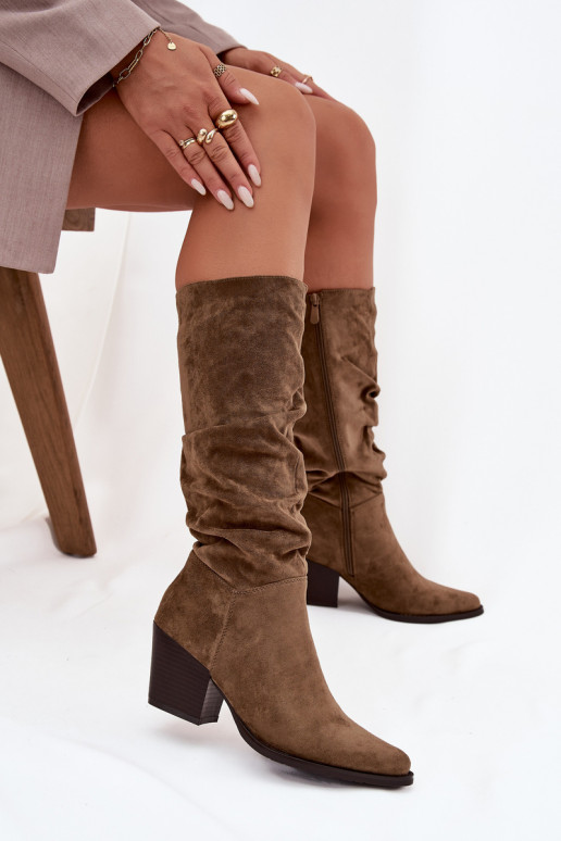 moteriški ilgaauliai batai su rauktu auliuku su kulniukais pašiltinti žalios spalvos Paelina