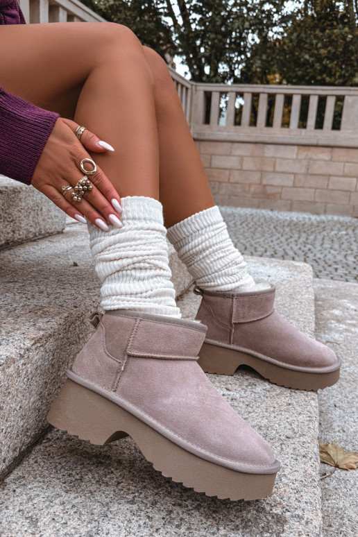 sniego batai MoteriškassuĮjungtaturalnego iš zomšosu pašiltinti su kailiuku viduje chaki spalvos Milora