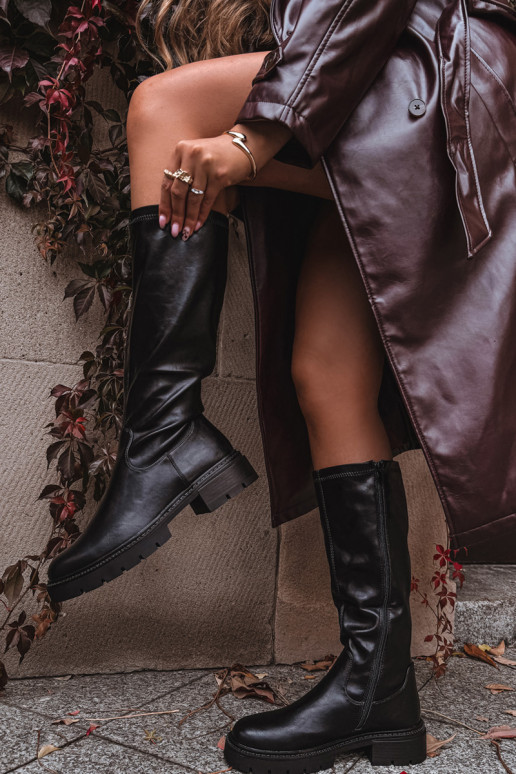 moteriški ilgaauliai batai iš eko odos juodos spalvos Oceana