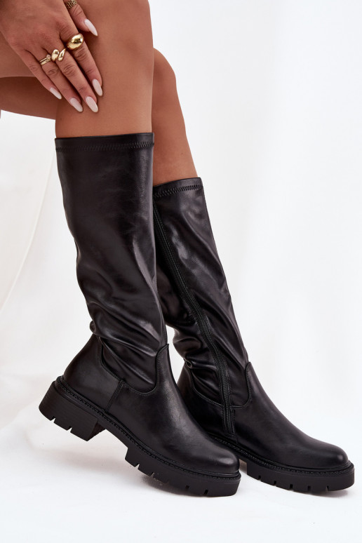 moteriški ilgaauliai batai iš eko odos juodos spalvos Oceana