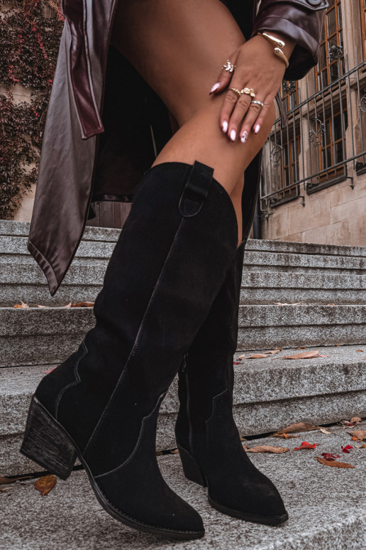 Oda iš zomšos ilgaauliai batai kaubojiško stiliaus Moteriškas pašiltinti juodos spalvos Urselle