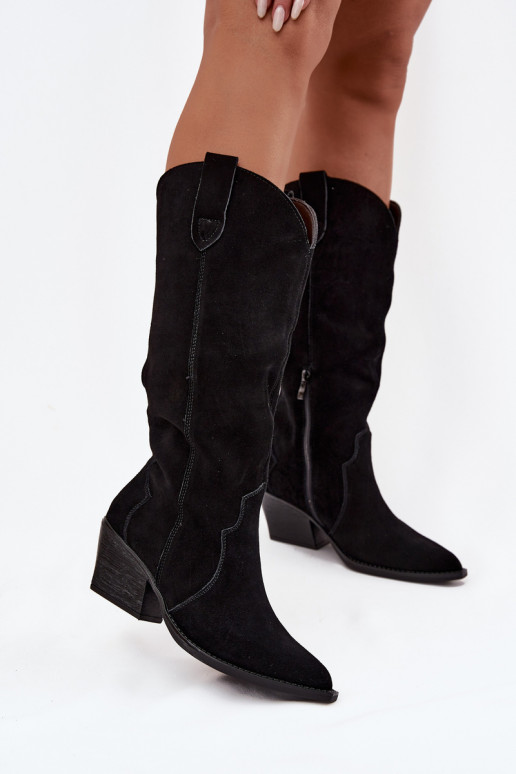 Oda iš zomšos ilgaauliai batai kaubojiško stiliaus Moteriškas pašiltinti juodos spalvos Urselle