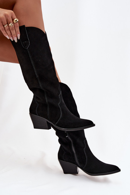 Oda iš zomšos ilgaauliai batai kaubojiško stiliaus Moteriškas pašiltinti juodos spalvos Urselle