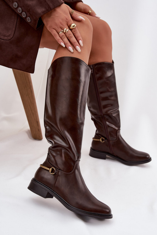 pašiltinti moteriški ilgaauliai batai su plačiais kulniukais Su puošniais Detalem CzekoladoĮe Renaya