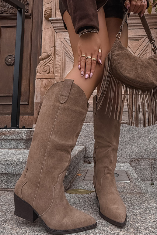 Oda iš zomšos ilgaauliai batai kaubojiško stiliaus Moteriškas pašiltinti chaki spalvos Urselle