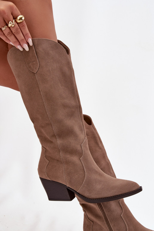 Oda iš zomšos ilgaauliai batai kaubojiško stiliaus Moteriškas pašiltinti chaki spalvos Urselle