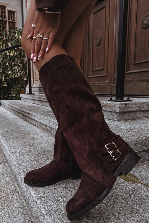 pašiltinti moteriški ilgaauliai batai su sagtimis CzekoladoĮe Umbria
