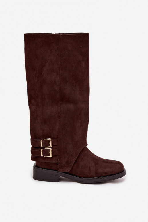 pašiltinti moteriški ilgaauliai batai su sagtimis CzekoladoĮe Umbria