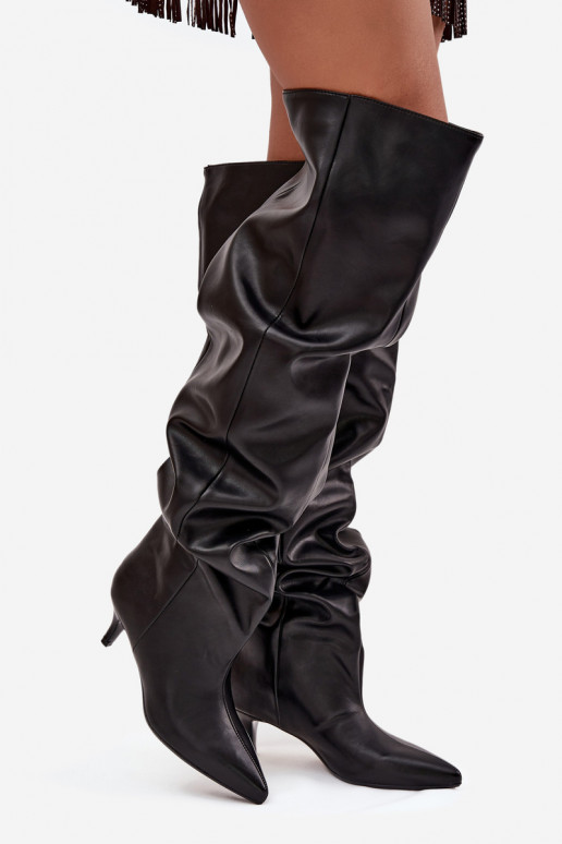 Įsispiriami moteriški ilgaauliai batai su plonais kulniukais juodos spalvos Ysolienne Įsispiriami moteriški ilgaauliai batai su plonais kulniukais juodos spalvos Ysolienne