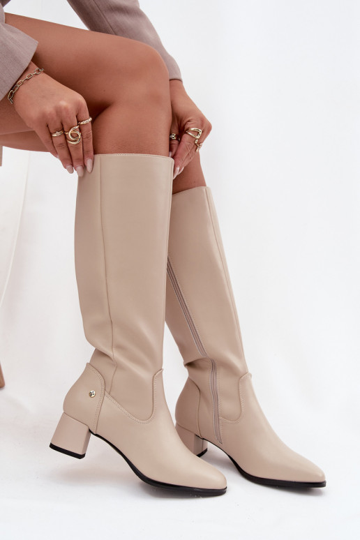  pašiltinti moteriški ilgaauliai batai su kulniukais  A7165-04 smėlio spalvos