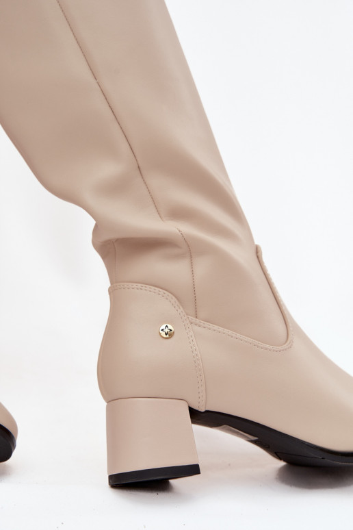  pašiltinti moteriški ilgaauliai batai su kulniukais  A7165-04 smėlio spalvos
