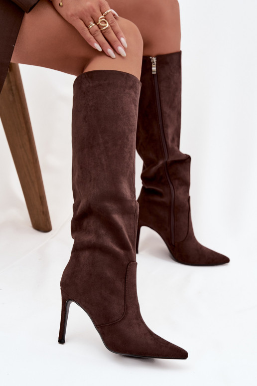 pašiltinti moteriški ilgaauliai batai su plonais kulniukais Z iš eko zomšosu Czekoladowe Rosavine