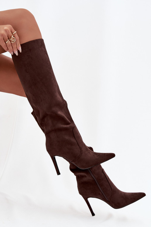 pašiltinti moteriški ilgaauliai batai su plonais kulniukais Z iš eko zomšosu Czekoladowe Rosavine