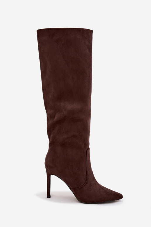 pašiltinti moteriški ilgaauliai batai su plonais kulniukais Z iš eko zomšosu Czekoladowe Rosavine