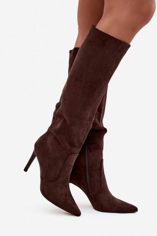 pašiltinti moteriški ilgaauliai batai su plonais kulniukais Z iš eko zomšosu Czekoladowe Rosavine