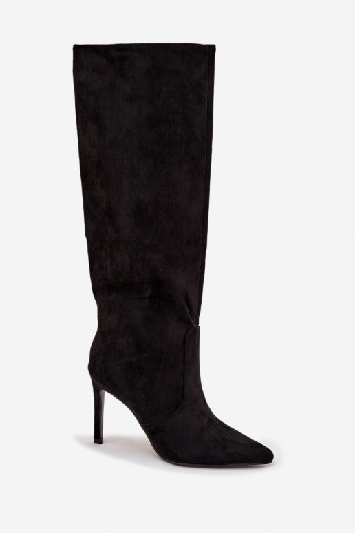 pašiltinti moteriški ilgaauliai batai su plonais kulniukais Z iš eko zomšosu Juodos spalvos Rosavine