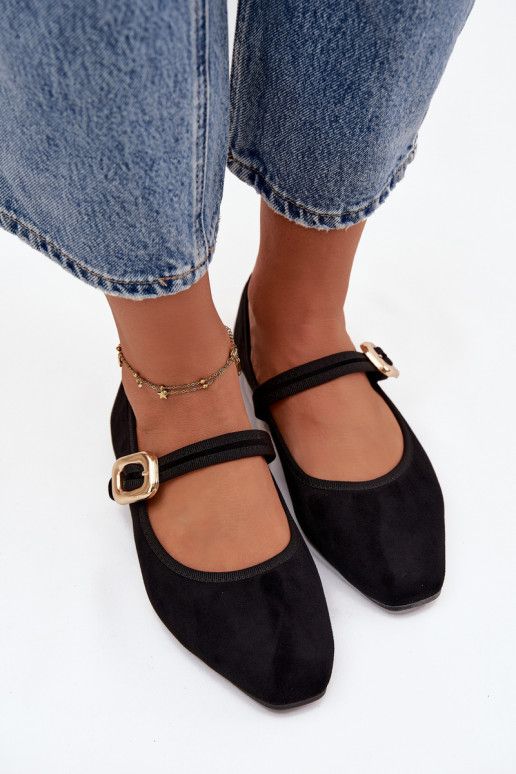 Balerinos su dirželiais I Złotą su sagtimis iš eko zomšosowe Juodos spalvos Adelora