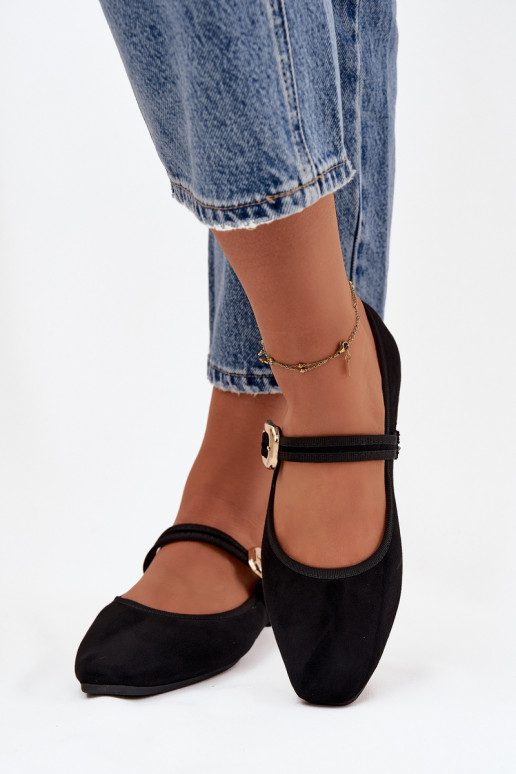 Balerinos su dirželiais I Złotą su sagtimis iš eko zomšosowe Juodos spalvos Adelora